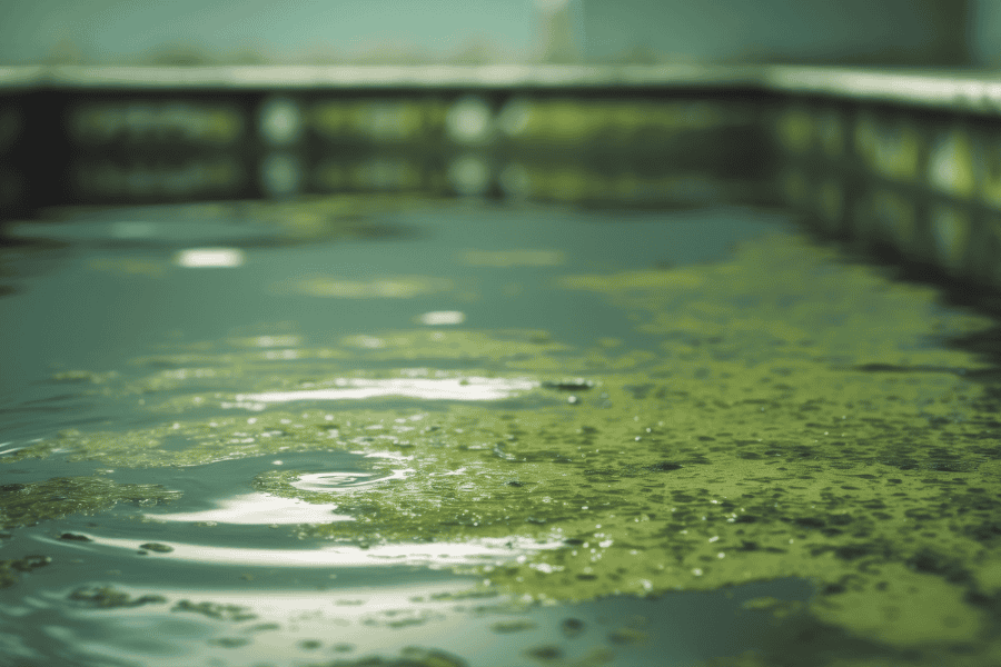 Close up of green pool water caused by presence of algae